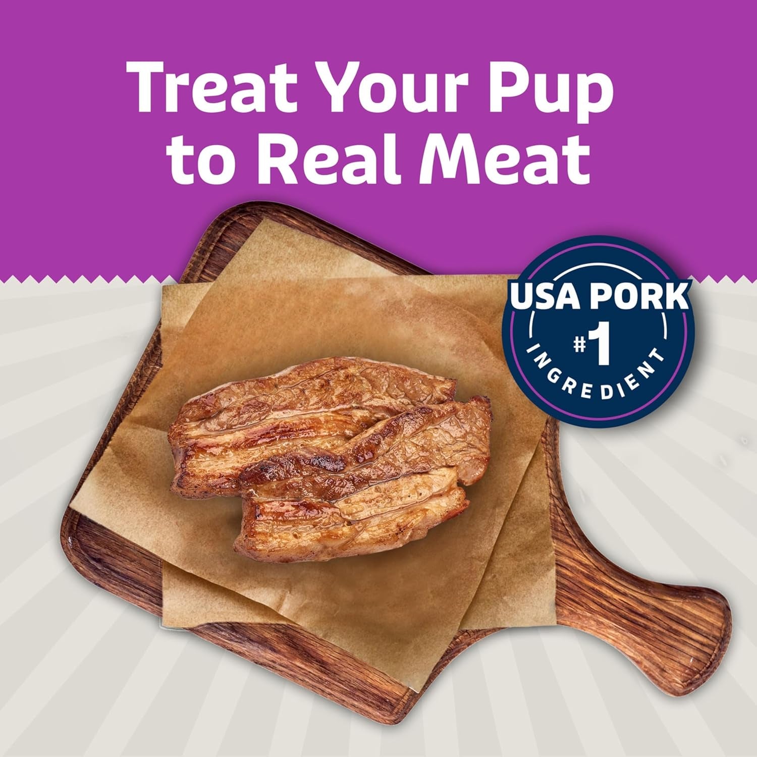 Sizzlers Pork Bacon-Style Dog Treats, 6 Oz | Real USA Pork First, Soft & Chewy Texture, Tear for Portion Control, No Red 40, BHA, Corn, Wheat, or Soy