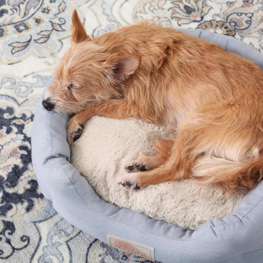 Cuddletown Faux Linen Comfy Cozy Cuddler Pet Bed, Supportive & Calming, Non-Slip Bottom, Machine Washable Cover, Blue, Small 22"X20"X7"