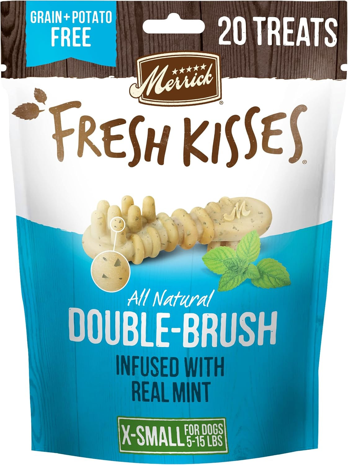 Fresh Kisses Natural Dental Chews Toothbrush Treat Shape Infused with Real Mint for Tiny Dogs 5-15 Lbs - 20 Ct. Bag