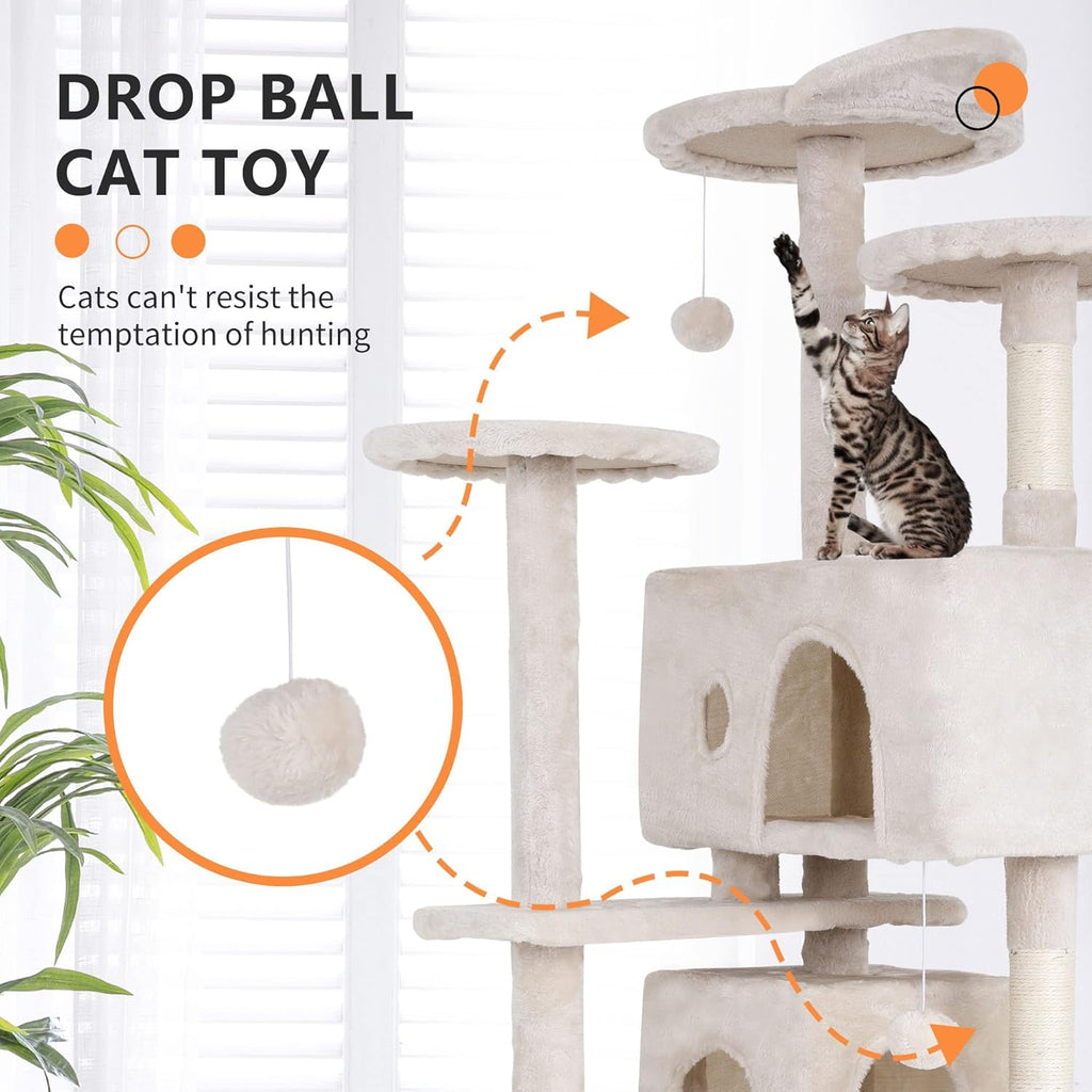 70" Cat Tree for Indoor Cats - Multi-Level Tower Kitten to Large Cats - Heavy Duty Scratching Post, Condo, Plush Perch, Beige