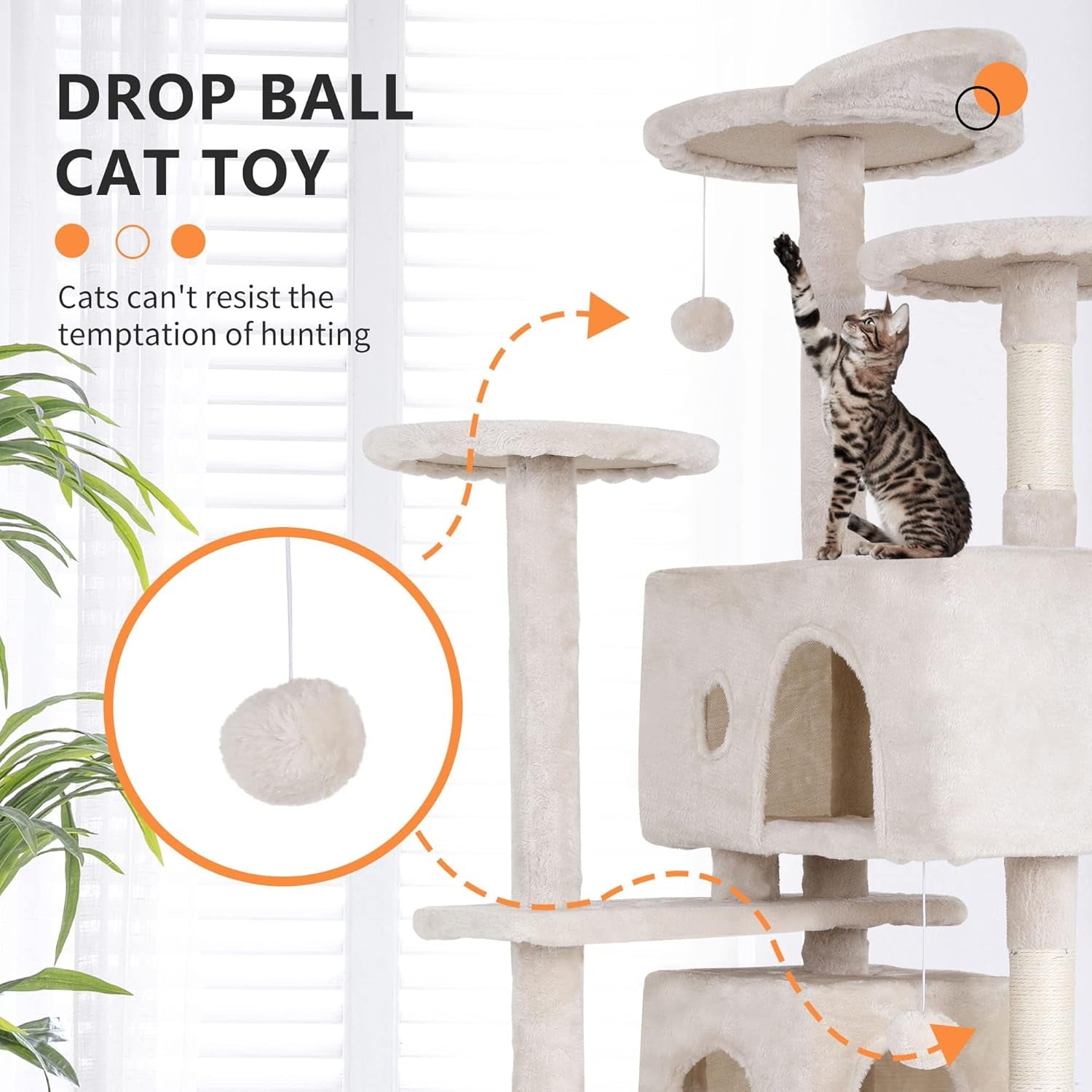 70" Cat Tree for Indoor Cats - Multi-Level Tower Kitten to Large Cats - Heavy Duty Scratching Post, Condo, Plush Perch, Beige