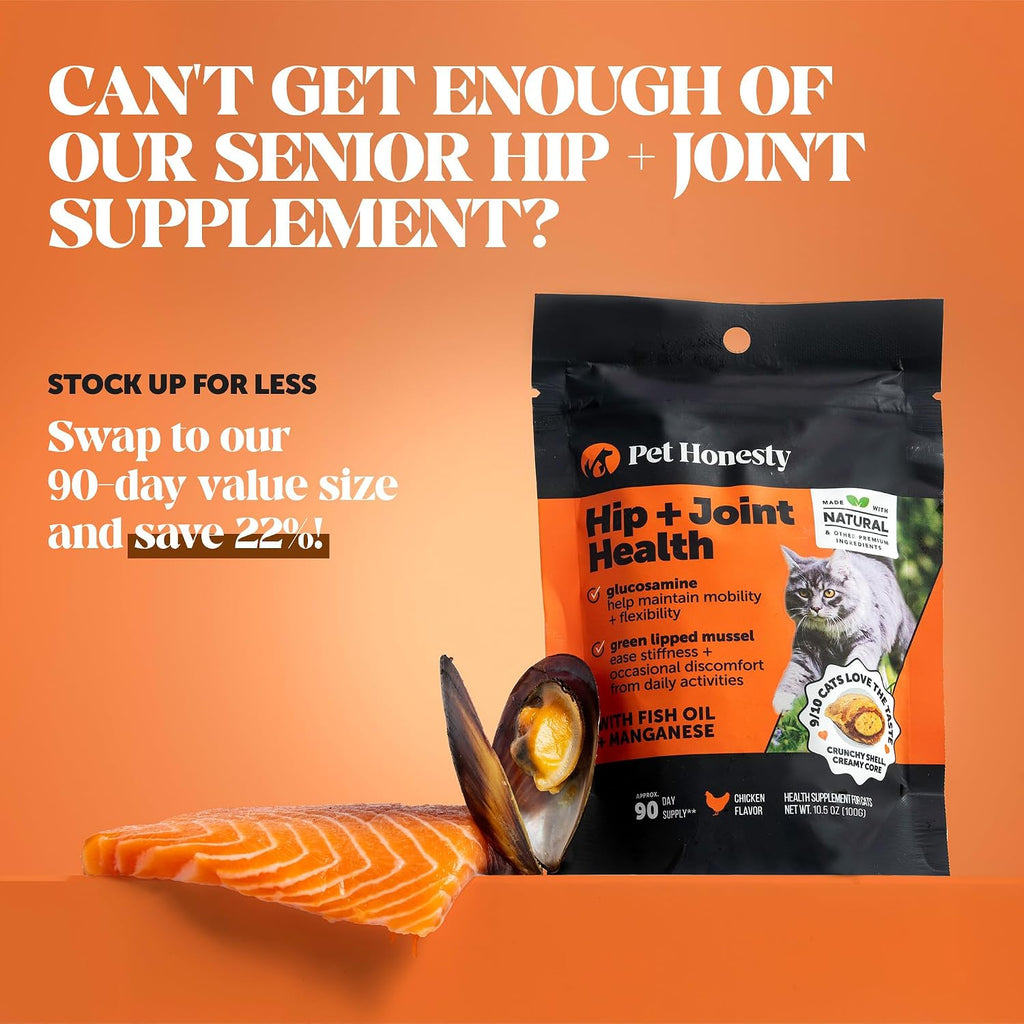 Senior Cat Joint Supplement Crunchy Creamy Hip + Joint for Cats - Ease Mobility Stiffness with Glucosamine Chondroitin, Green Lipped Mussel, Flexibility + Joint Support Chews (30-Day Supply)