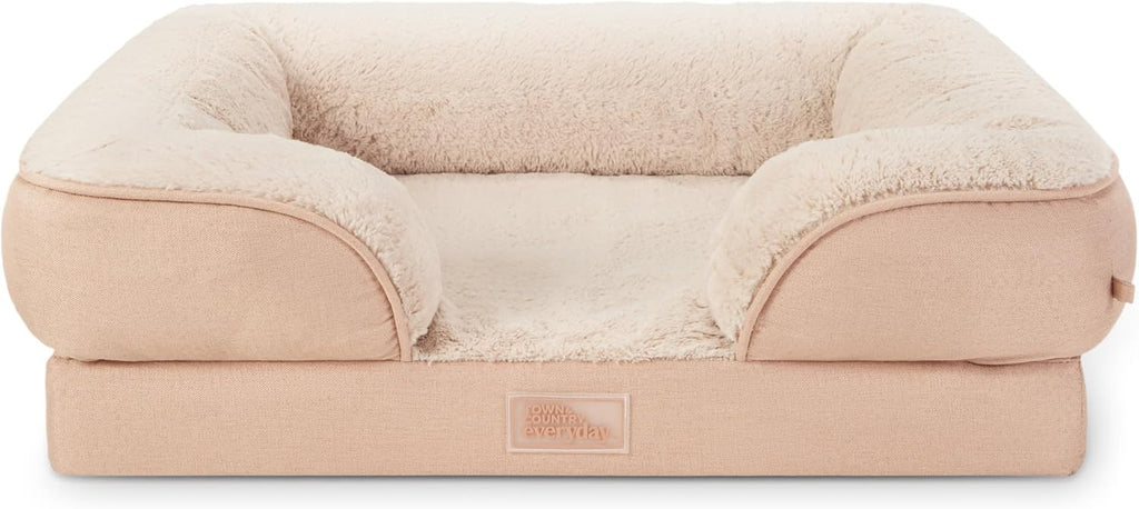 Cuddletown Comfy Solid Bolster Sofa Pet Bed, Supportive & Calming Egg Crate Foam, Non-Slip Bottom, Machine Washable Cover, Warm Taupe, Large 35"X25"X8"