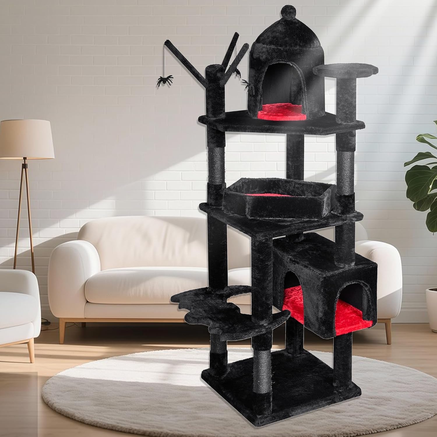 Heavy Duty Cat Tree Tower, 63 in Gothic Cat Trees with Coffin Bed | Large Goth Cat Tree for Indoor Cats, Cat Condo with Scratching Posts for Adult Cats 20 Lbs+, Tall Cat House, Black & Red
