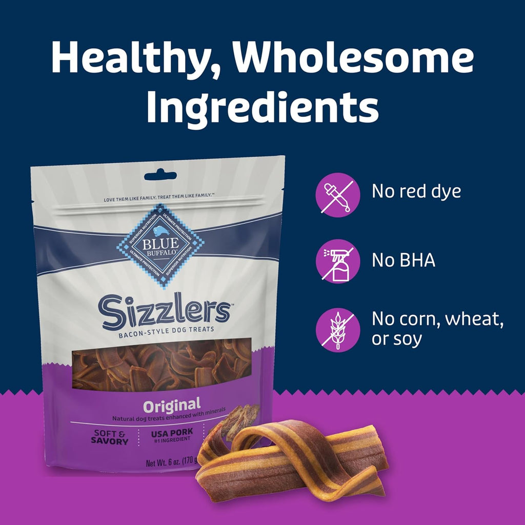 Sizzlers Pork Bacon-Style Dog Treats, 6 Oz | Real USA Pork First, Soft & Chewy Texture, Tear for Portion Control, No Red 40, BHA, Corn, Wheat, or Soy
