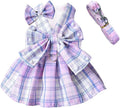 Plaid Dog Dress Harness and Leash Set with Bow Tie Accessories Puppy Clothes for Small Dog Girl Cute Cat Summer Outfit Breathable Mesh Pet Princess Skirt with Pearls (Purple, X-Small)