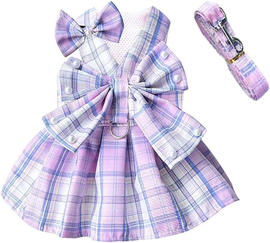 Plaid Dog Dress Harness and Leash Set with Bow Tie Accessories Puppy Clothes for Small Dog Girl Cute Cat Summer Outfit Breathable Mesh Pet Princess Skirt with Pearls (Purple, X-Small)