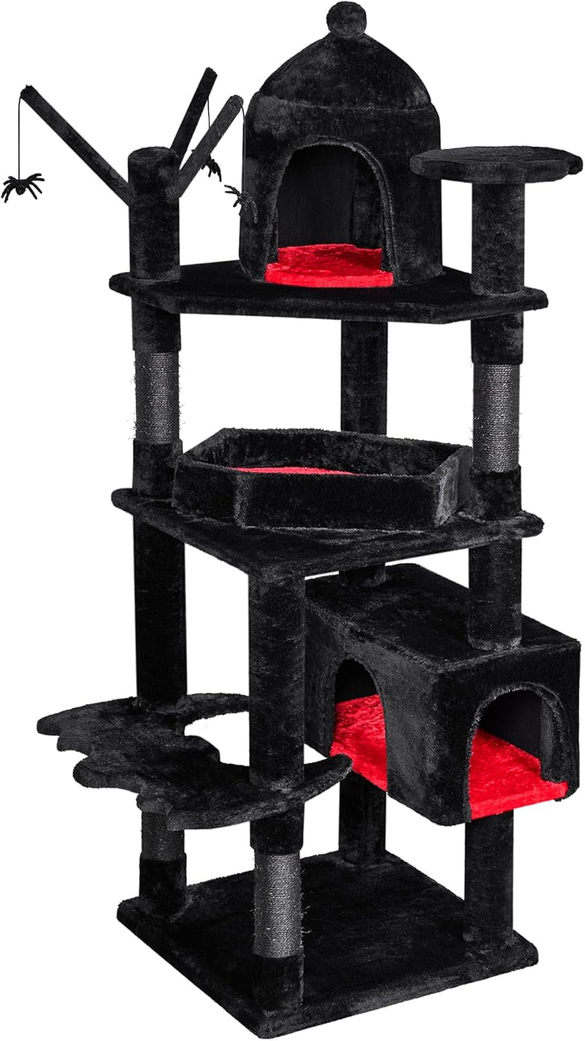 Heavy Duty Cat Tree Tower, 63 in Gothic Cat Trees with Coffin Bed | Large Goth Cat Tree for Indoor Cats, Cat Condo with Scratching Posts for Adult Cats 20 Lbs+, Tall Cat House, Black & Red