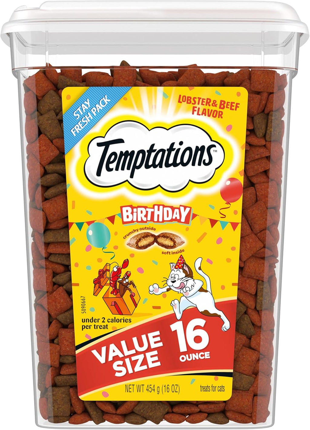 Birthday Crunchy and Soft Cat Treats, Lobster & Beef, 16 Oz | Crunchy Outside, Soft Inside, under 2 Calories per Treat, 100% Complete & Balanced for Adult Cats, Stay-Fresh Resealable Tub