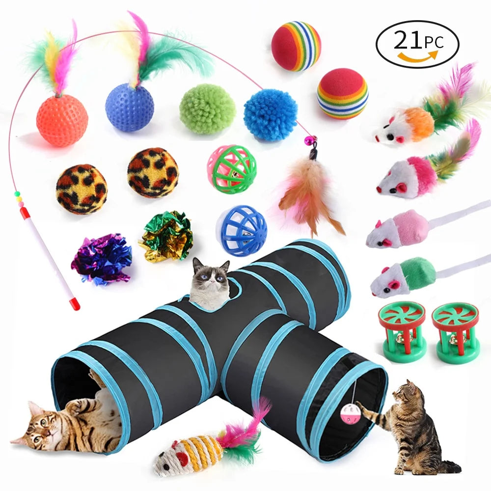 Cat Toys Set with Cat Tunnel for Indoor Interactive, Kitten Toys Assortments, Interactive Cat Teaser, Kitty Toys Kit, Self Entertainment Toys Tunnel Toys and Play Cube